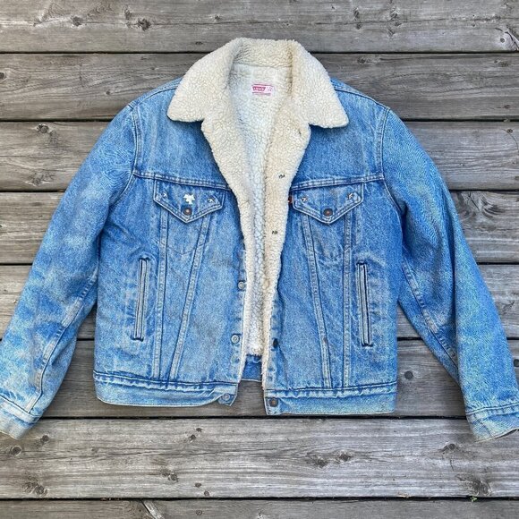 Vintage 1971 Orange Tab Levis Sherpa Denim Jacket Size 44 Large Blue - Picture 3 of 16